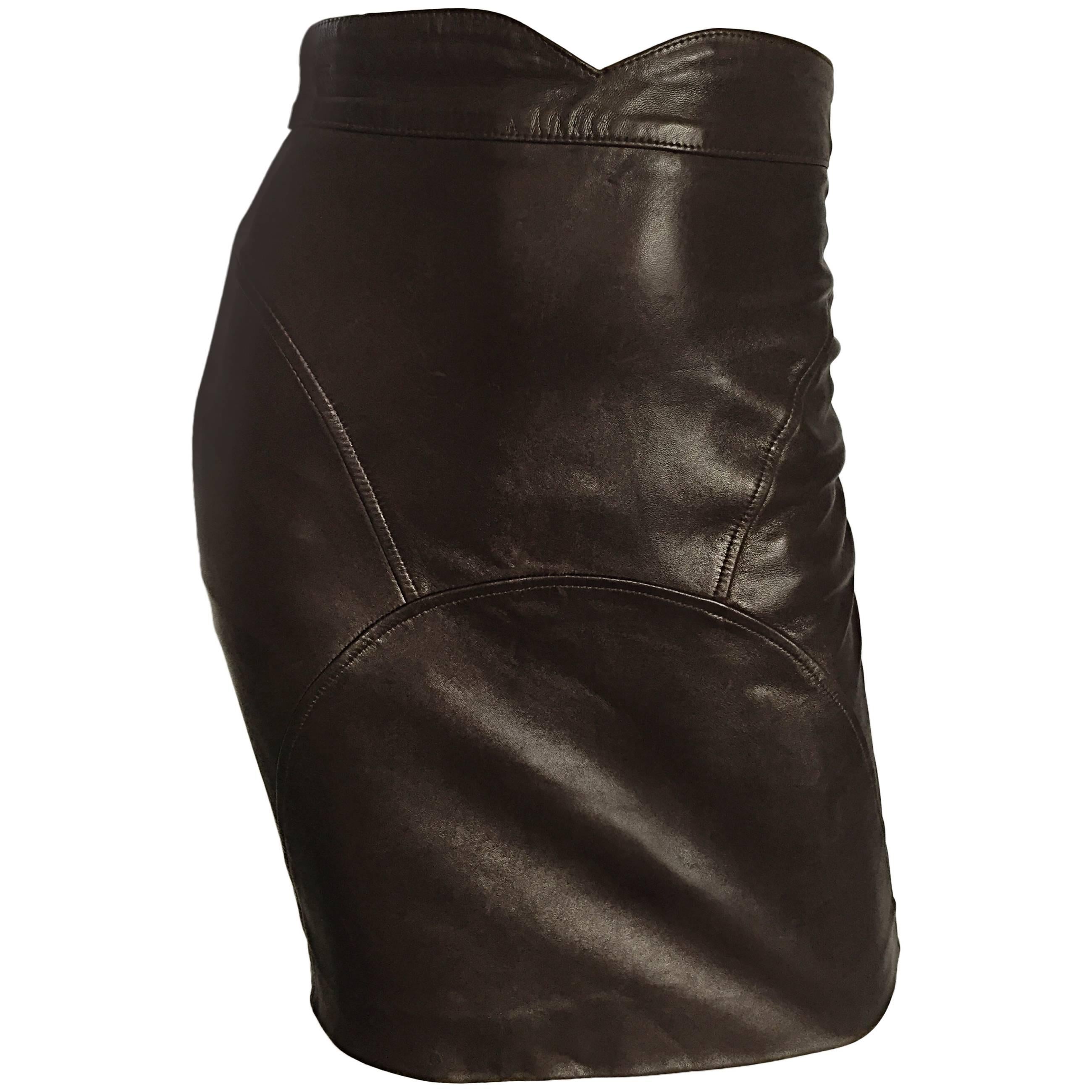 90s Jean Claude Jitrois Vintage Chocolate Brown Leather Sexy BodyCon Mini Skirt 