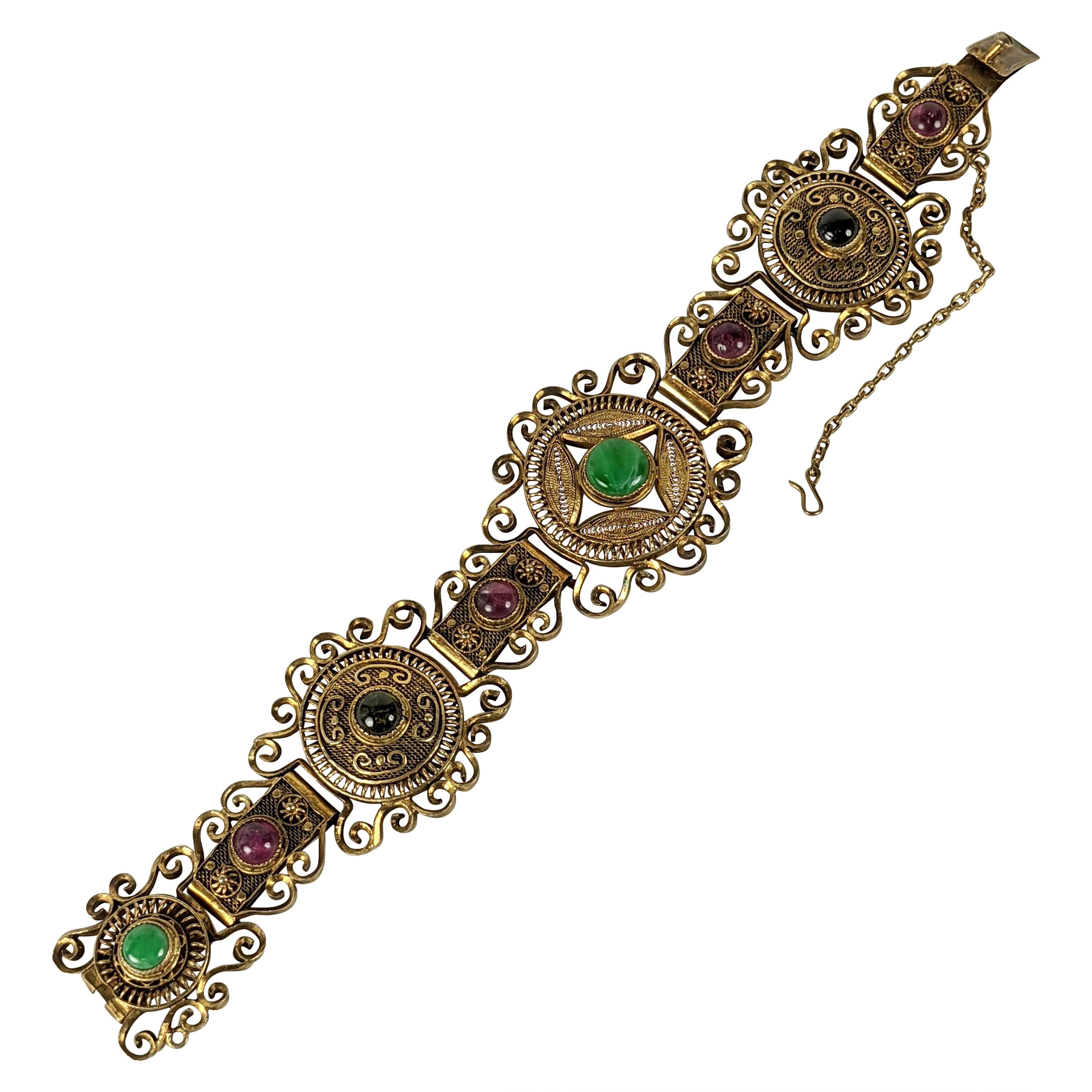 Art Deco Chinese Silver Vermeil Bracelet with Gemstones For Sale