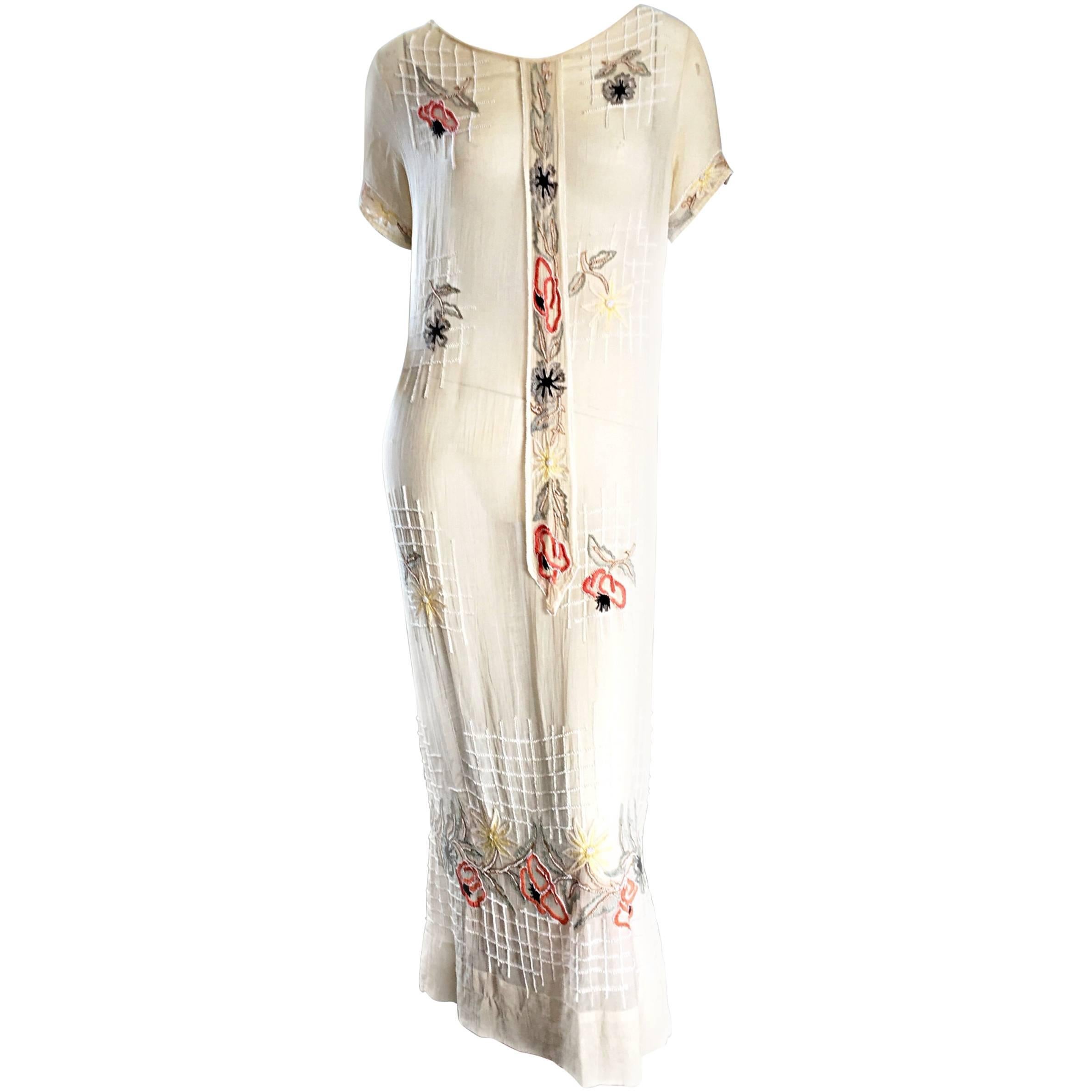 Rare 1920s B Altman Haute Couture Ivory Hand Beaded Cotton Voile Vintage Dress