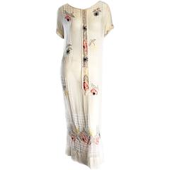 Rare 1920s B Altman Haute Couture Ivory Hand Beaded Cotton Voile Vintage Dress 8