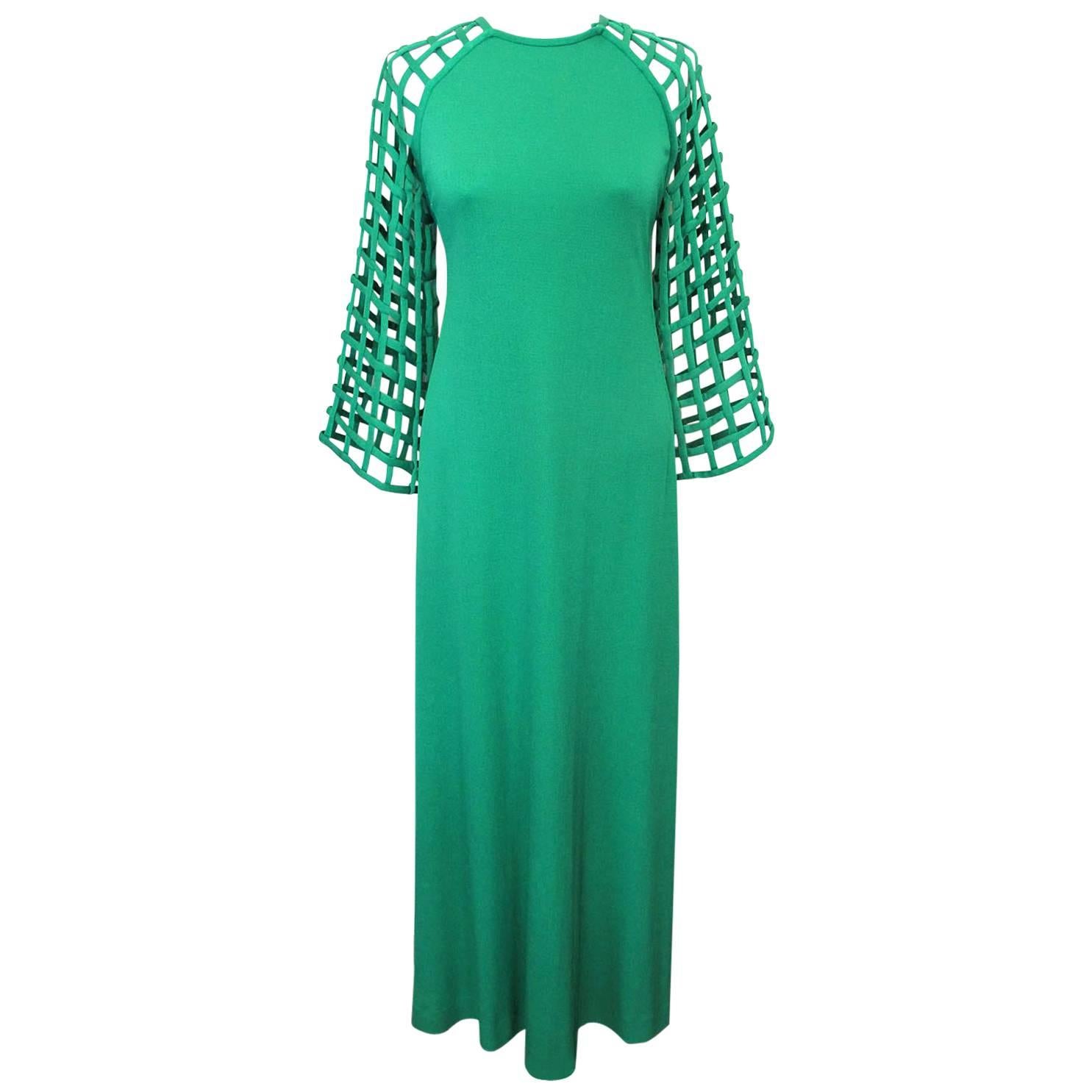 1970's Bill Blass Spring Green Lattice Work Evening Gown For Sale