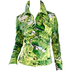 Amazing New ESCADA Green + White ' Palm Trees ' White Denim Jacket 