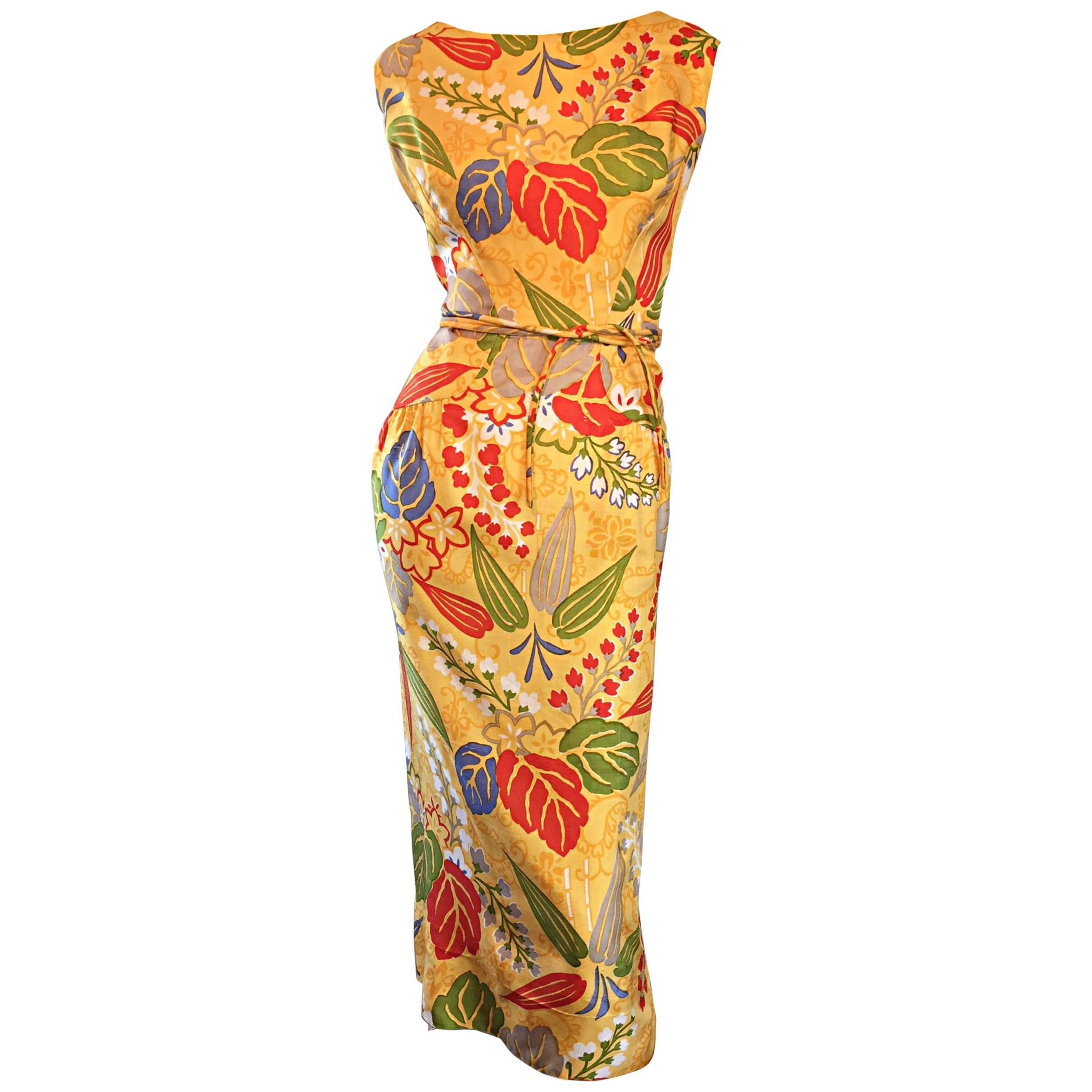 1950s Adele Simpson Vintage ' Leaves + Flowers ' Yellow Colorful Silk 50s Dress  For Sale