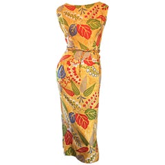1950s Adele Simpson Vintage ' Hojas + Flores ' Vestido 50s Seda Colorido Amarillo