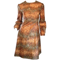 1960s Alligator + Snake Reptile Print Used A - Line 60s Brown Mod Dress