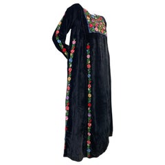 1960s Boho Renaissance-Styled Black Velvet Dress w/ Floral Embroidery Panels. 