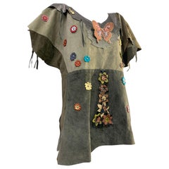 Torso Creations Moss Leather Tunic w/ Butterfly & Flower Studded Applique Detail