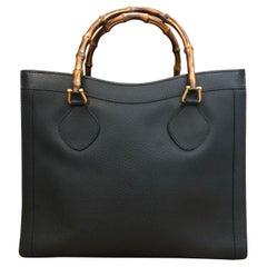 1990s Vintage GUCCI Black Leather Bamboo Tote Diana Tote Bag (Medium)