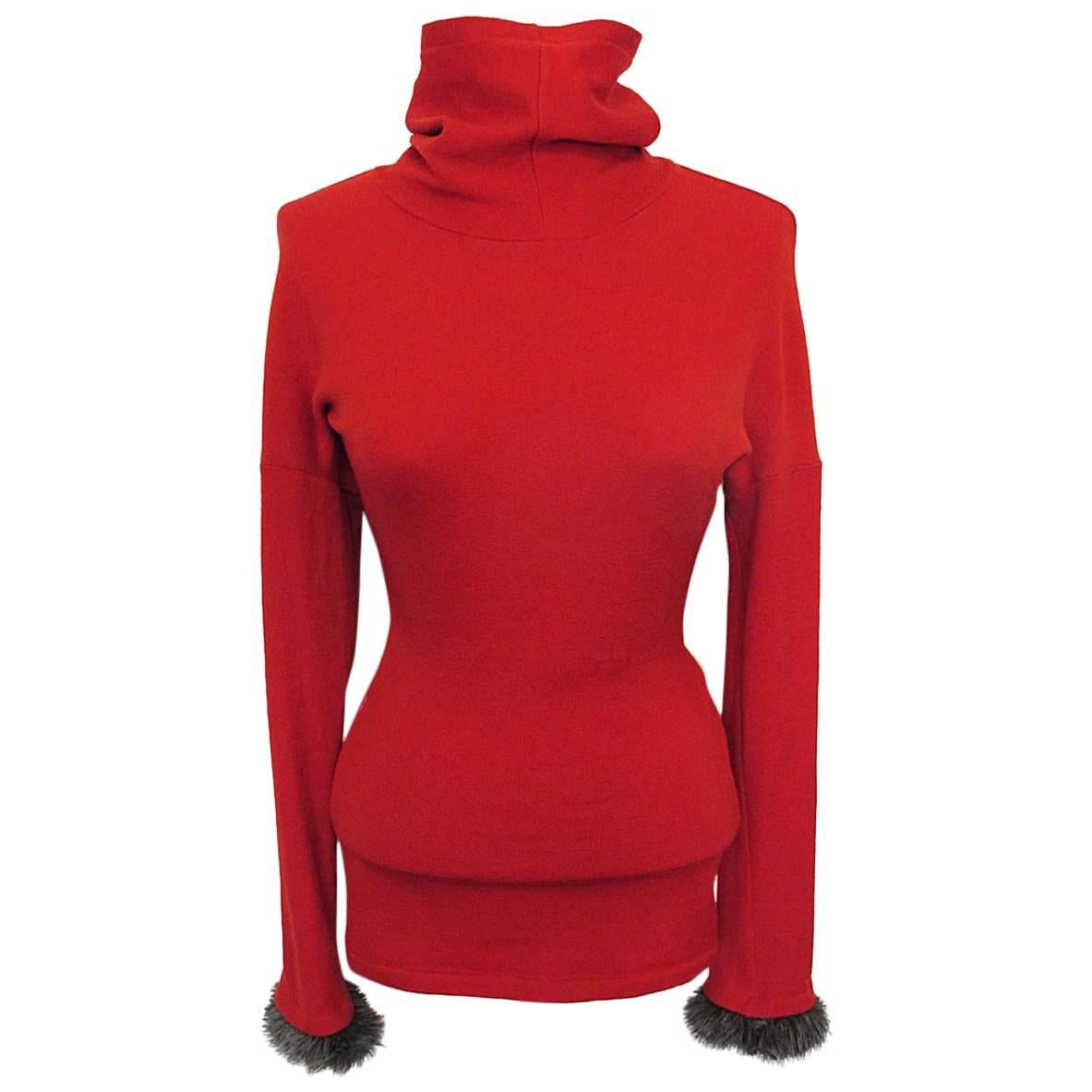 Yohji Yamamoto Hooded Red Sweater with Faux Fur Cuffs For Sale