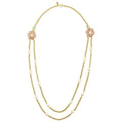 Vintage Chanel Gold Tone Pink Green Gripoix Faux Pearl Flower Chain Necklace