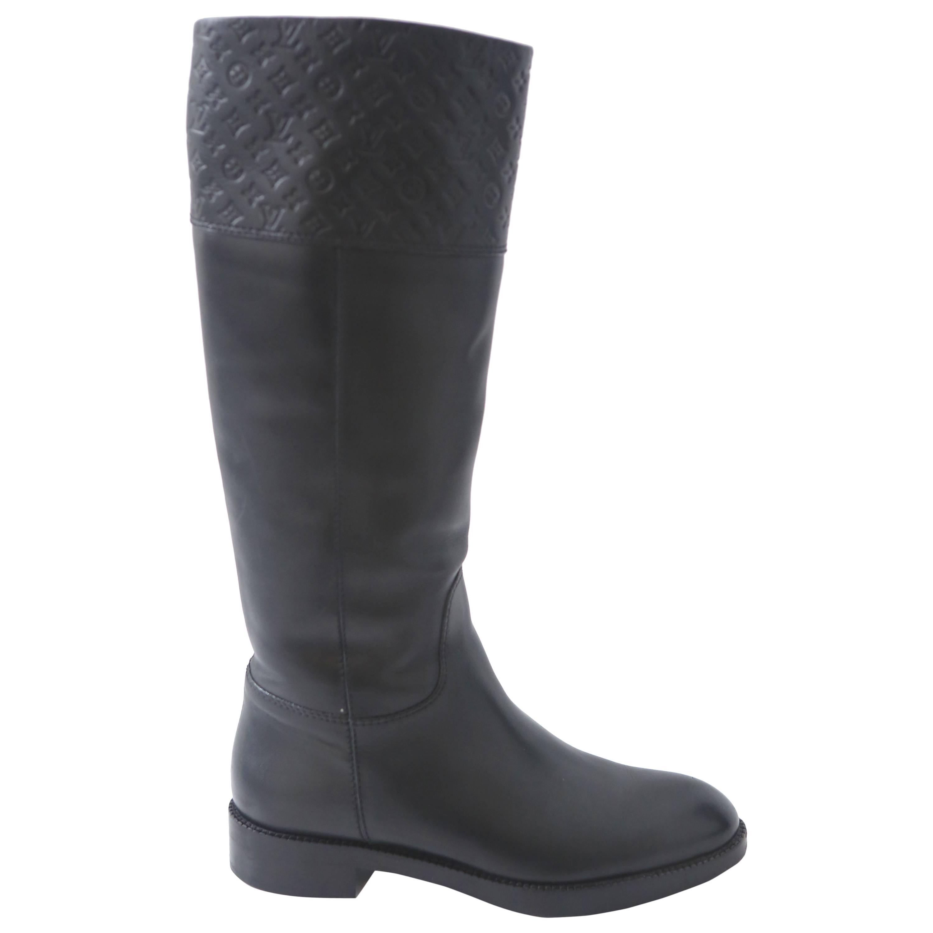Louis Vuitton Black Leather Riding Boots W/ Embossed Monogram