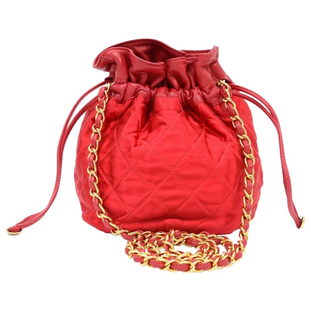 Chanel Rare Vintage Red Leather Satin Gold HW Bucket Evening Shoulder Bag