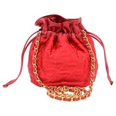 Chanel Rare Vintage Red Leather Satin Gold HW Bucket Evening Shoulder Bag