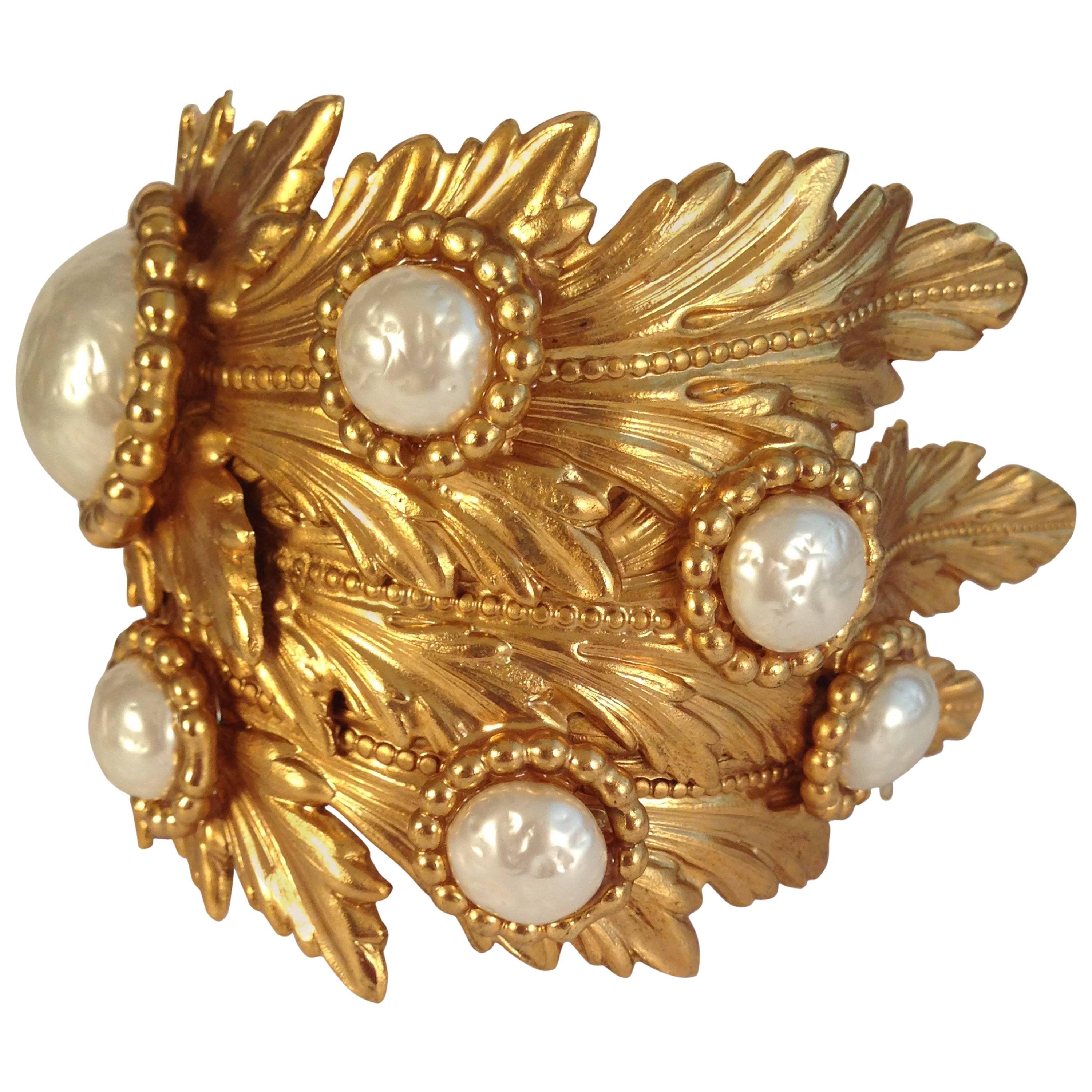 1980s Dominique Aurientis Gold Tone Leaf and Faux Pearl Cuff Bracelet For Sale