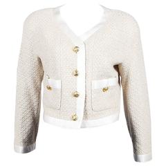 Vintage Chanel Beige Wool Silk Textured Knit 'CC' Button Cropped Jacket SZ 42