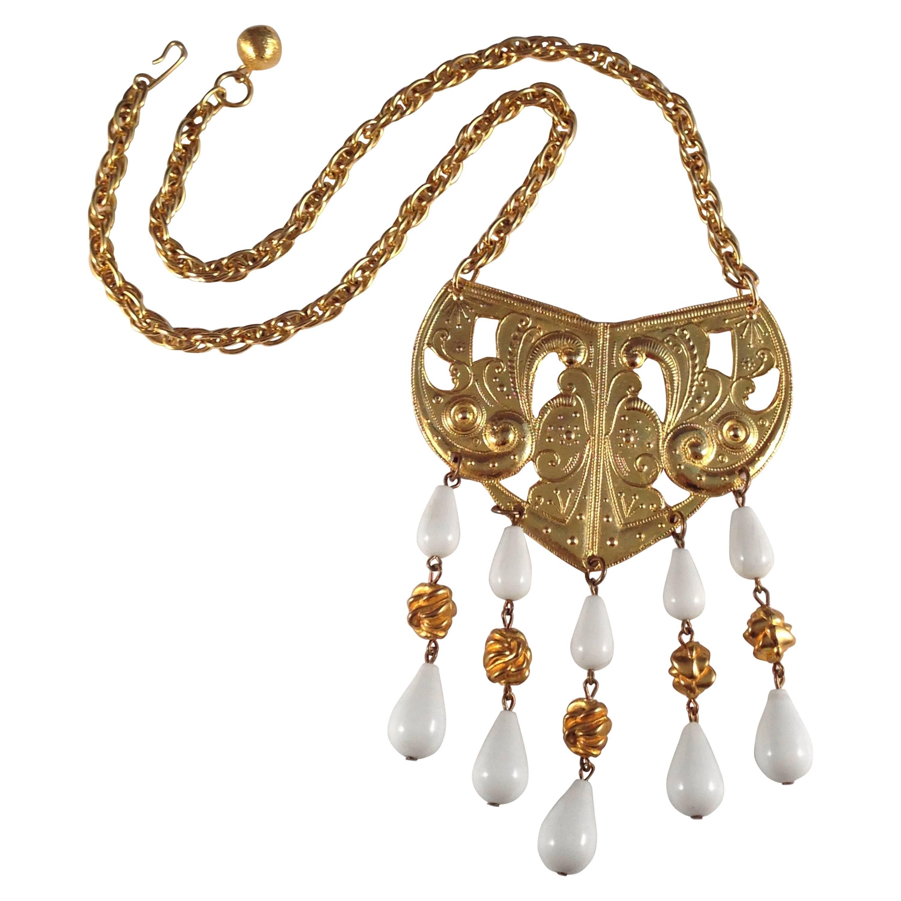 1970s Kenneth Jay Lane Gold Tone and White Pendant Necklace For Sale