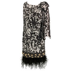 Used BADGLEY MISCHKA COUTURE Size M Black & White Sequined Bow Fringe Dress
