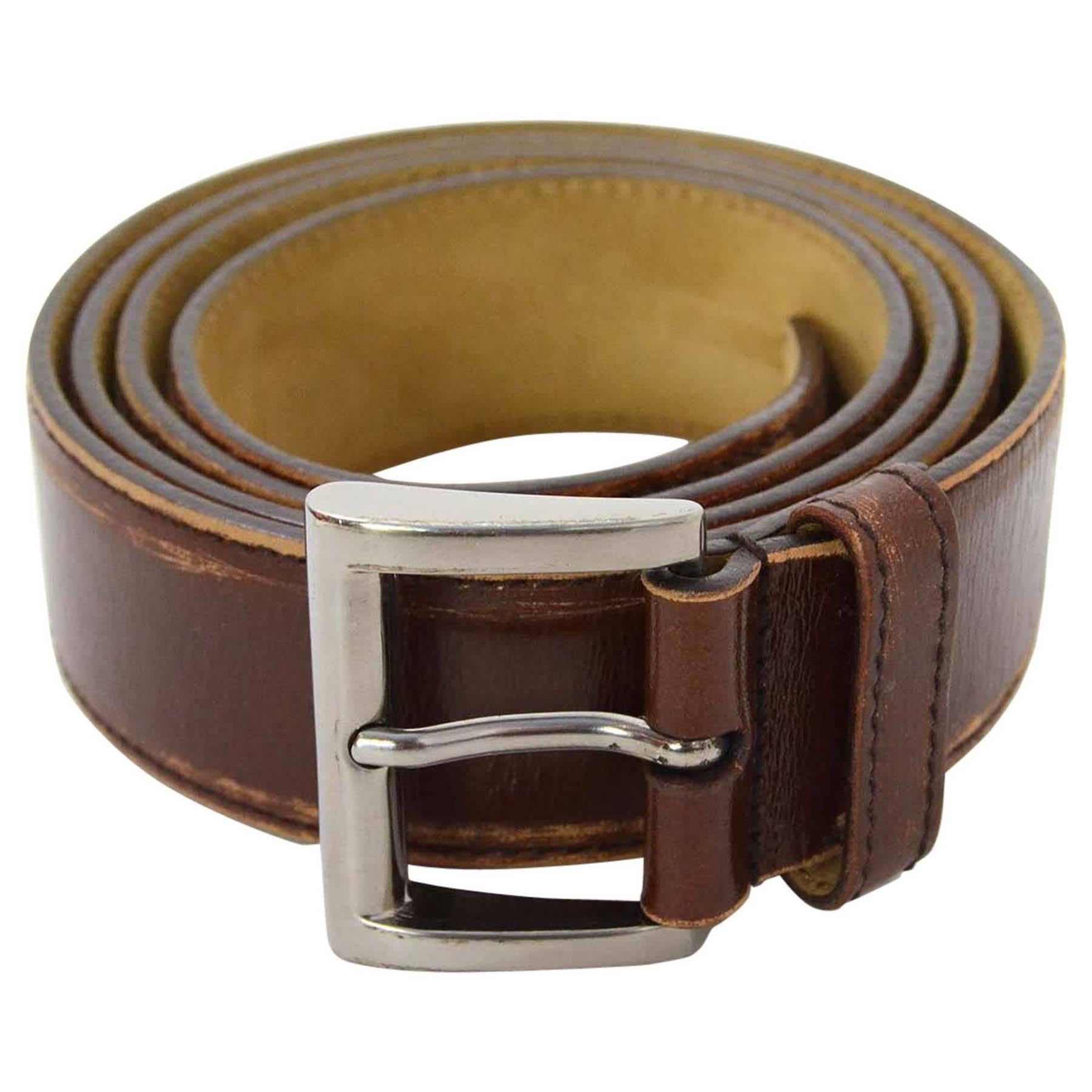 Prada Brown Distressed Leather Belt sz 85 GHW