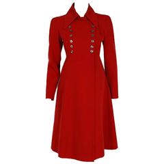 1970's Ossie Clark Red Double-Breasted Tailored Princess Trench Coat Jacket 