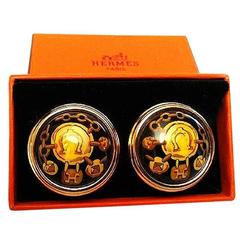 MINT. Vintage Hermes round shape cloisonne enamel golden earrings. Black