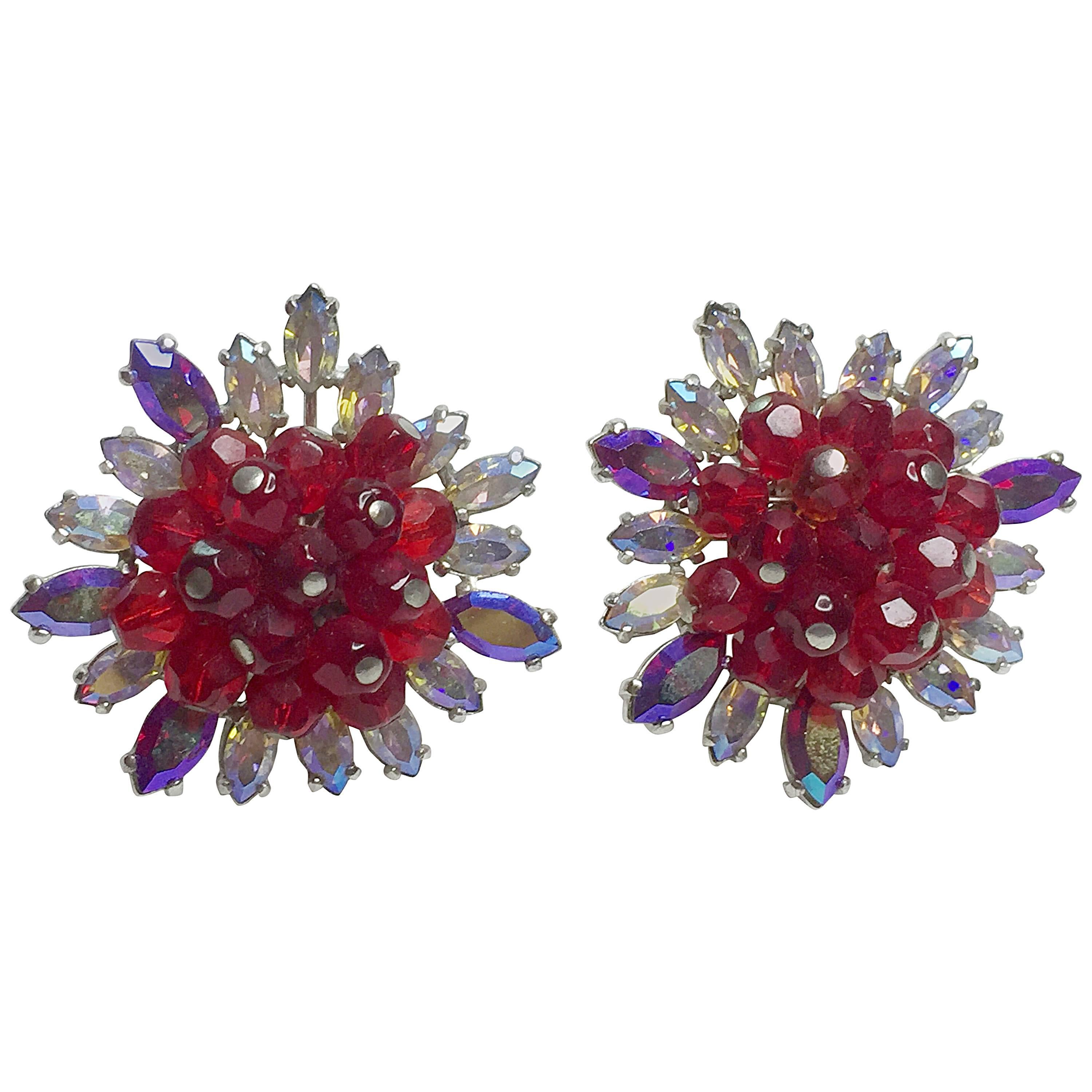 SCHIAPARELLI Faux Ruby and Auroral Borealis Rhinestone Elaborate Earrings For Sale