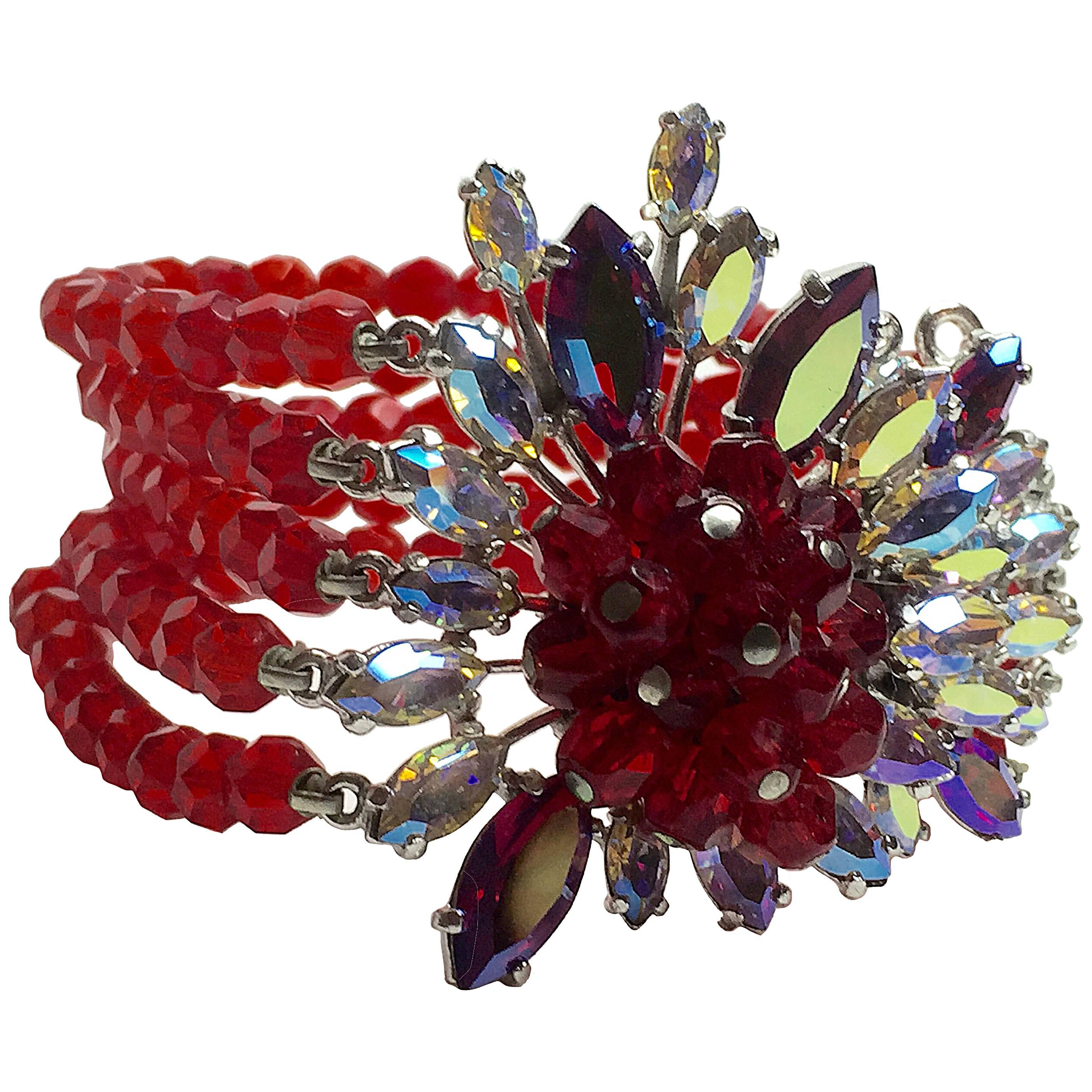 1950s SCHIAPARELLI  5-strand Faux Ruby Bracelet with Elaborate Stonework Clasp For Sale