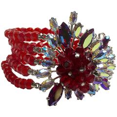 Retro 1950s SCHIAPARELLI  5-strand Faux Ruby Bracelet with Elaborate Stonework Clasp