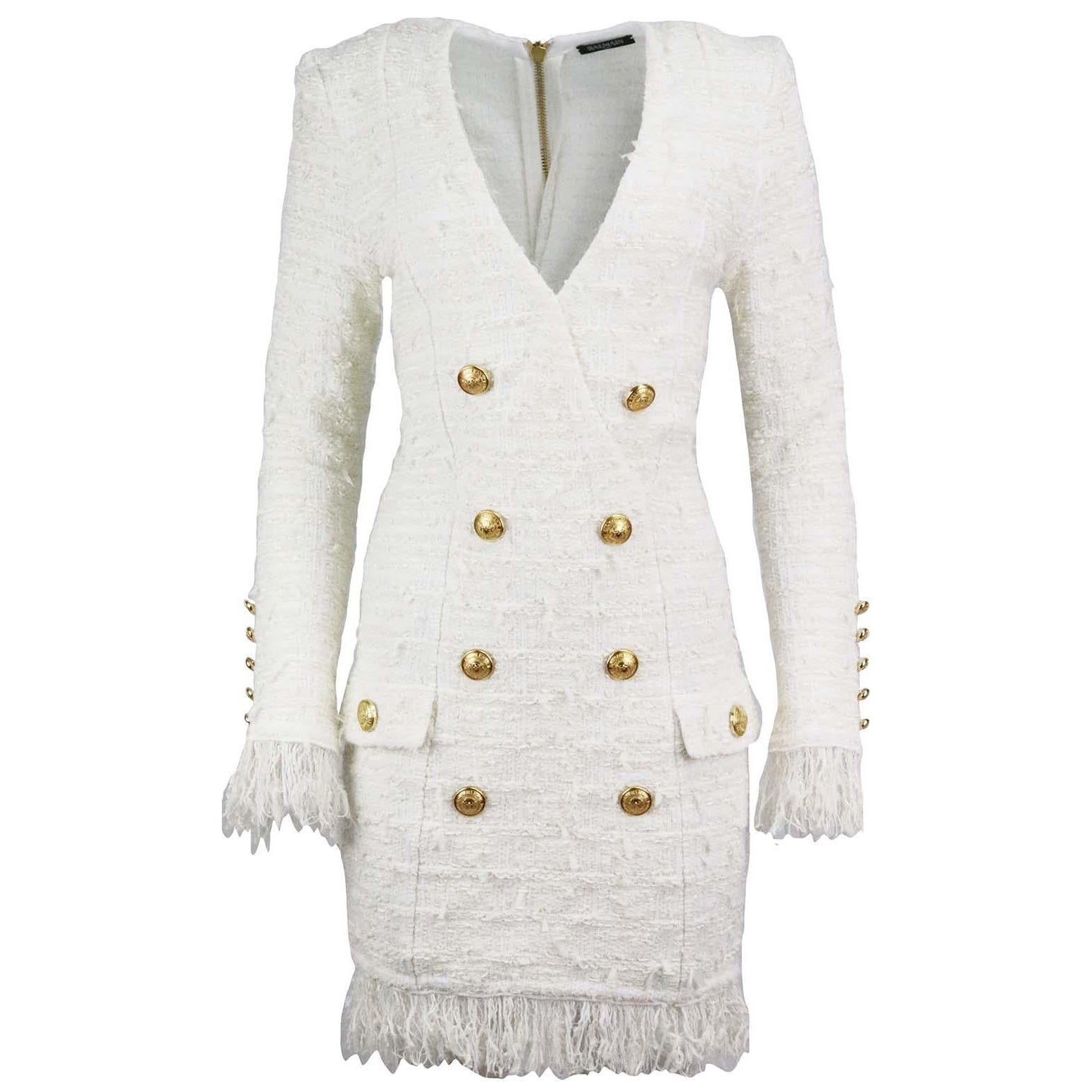 Balmain Button Embellished Fringed Metallic Tweed Mini Dress FR 40 UK 12