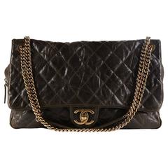 2012 Chanel Khaki Quilted Crumpled Grained Calfskin Maxi Shiva Flap Bag