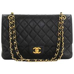 1990s Chanel Black Quilted Lambskin Medium Tall Classic Double Flap Bag