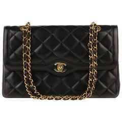 1990s Chanel Black Quilted Lambskin Vintage Limited Edition Double Flap Bag