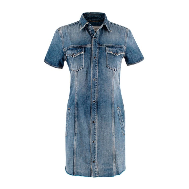 Saint Laurent Mid-Wash Distressed Denim Mini Dress For Sale at 1stDibs