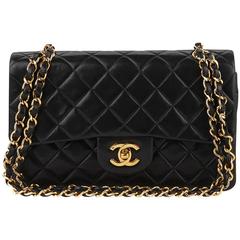 1990s Chanel Black Quilted Lambskin Vintage Small Classic Double Flap Bag
