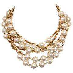 Vintage CHANEL triple layer chain necklace with round faux pearl. Classic