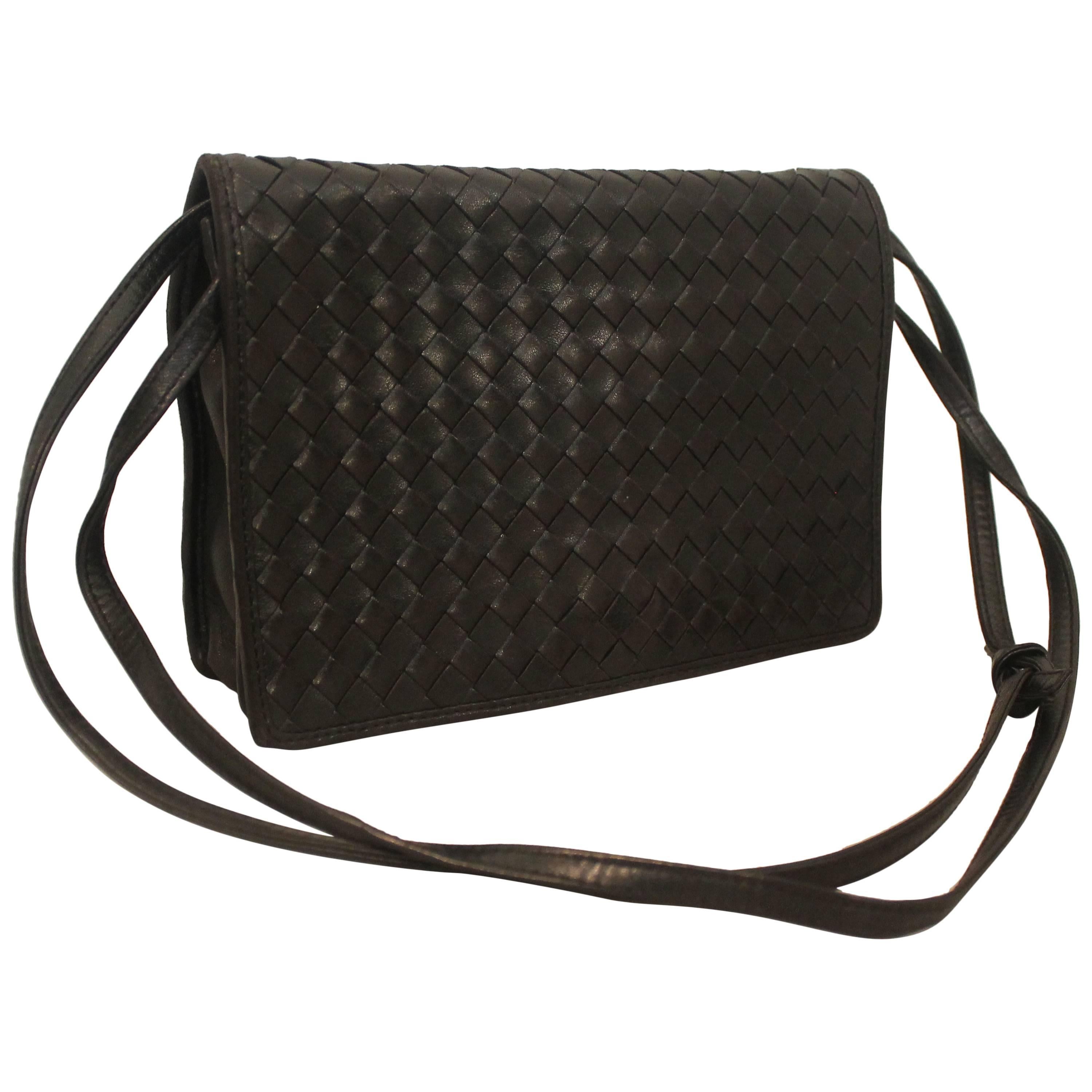 Bottega Veneta Vintage Black Woven Leather Crossbody Bag - circa 80's
