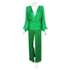 Vintage 1990 Givenchy Haute Couture Green Silk Billow-Sleeve Plunge Fringed Gown