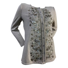 2008 Oscar de La Renta Silver Cashmere Cardigan w/ Klimt-Inspired Metallic Beads