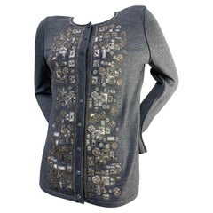 2008 Oscar de La Renta Gray Cashmere Cardigan w/ Klimt-Inspired Metallic Beads