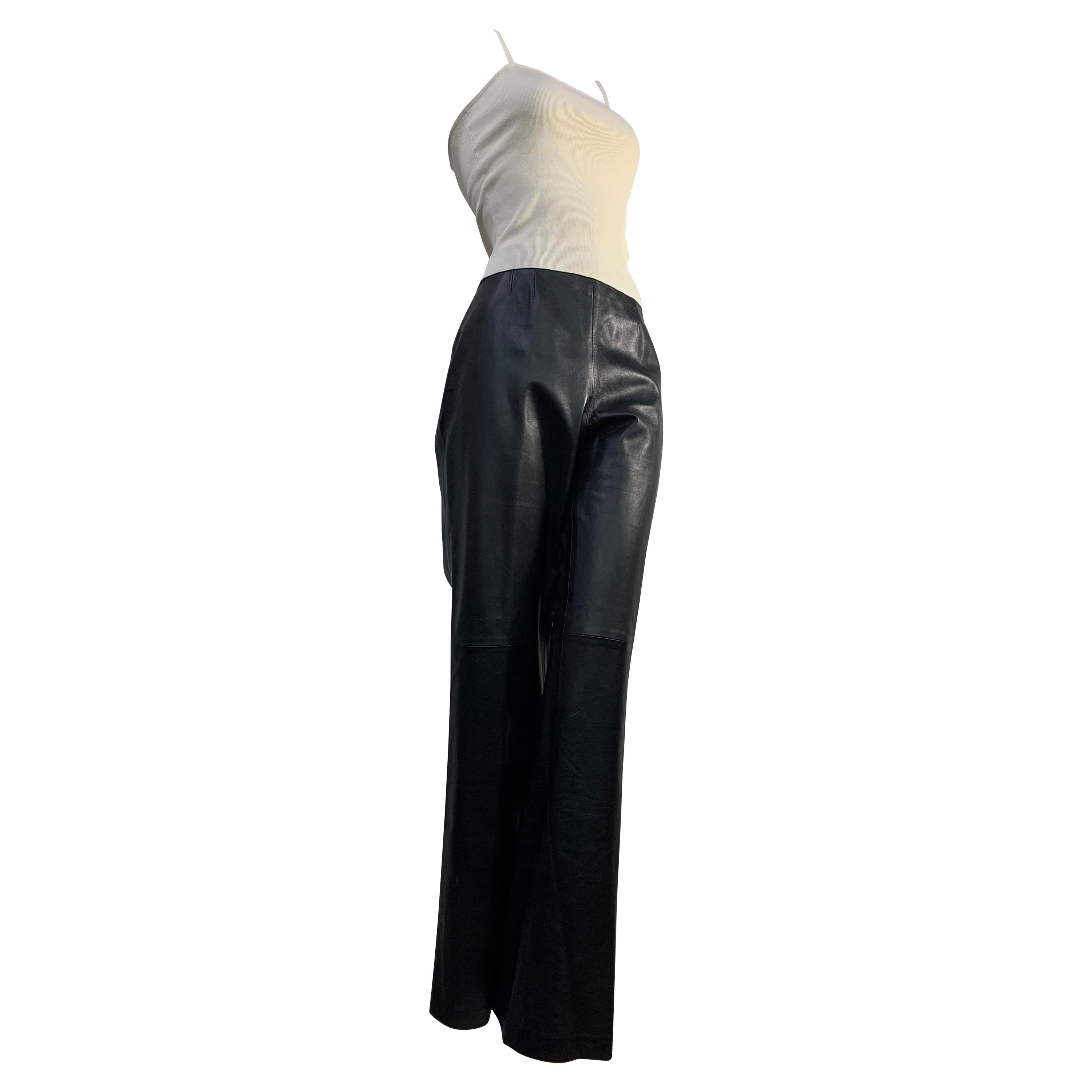 2000 Chanel Black Lambskin Leather Pants & Cream Rib-Knit Camisole Set