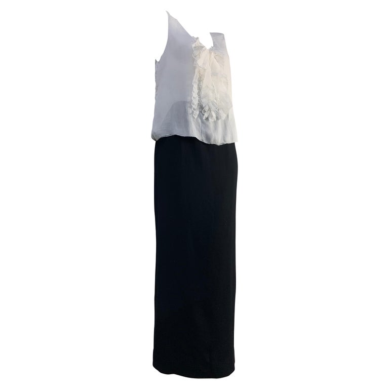 1998 Chanel Autumn Black Wool Crepe Pencil Skirt and White Silk Ruffled Camisole For Sale