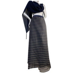 2000 Brunello Cucinelli Navy Striped Silk Organza Wrap Skirt w/ Navy Wrap Scarf