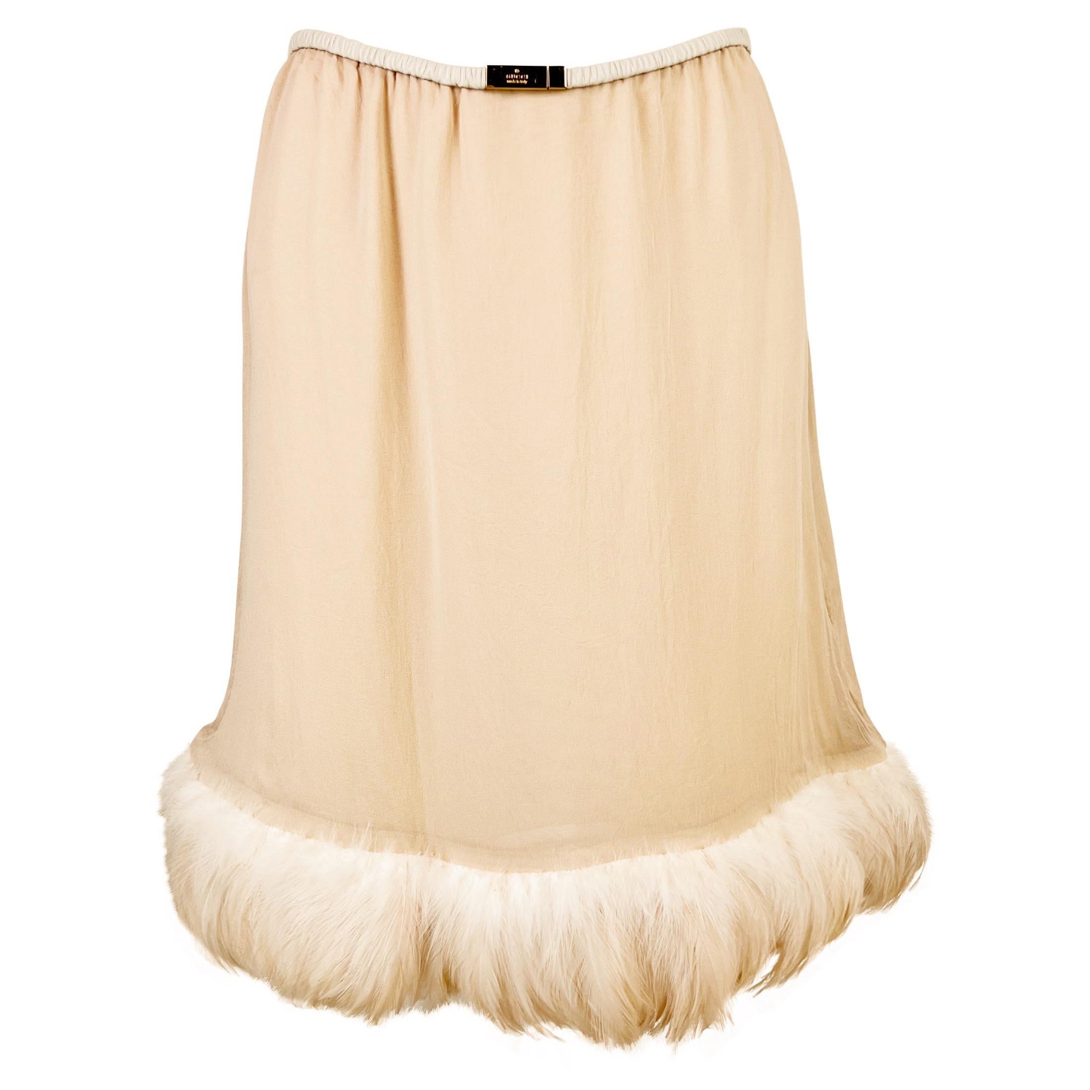Gucci by Tom Ford Spring 1999 Feather Trim Silk Skirt