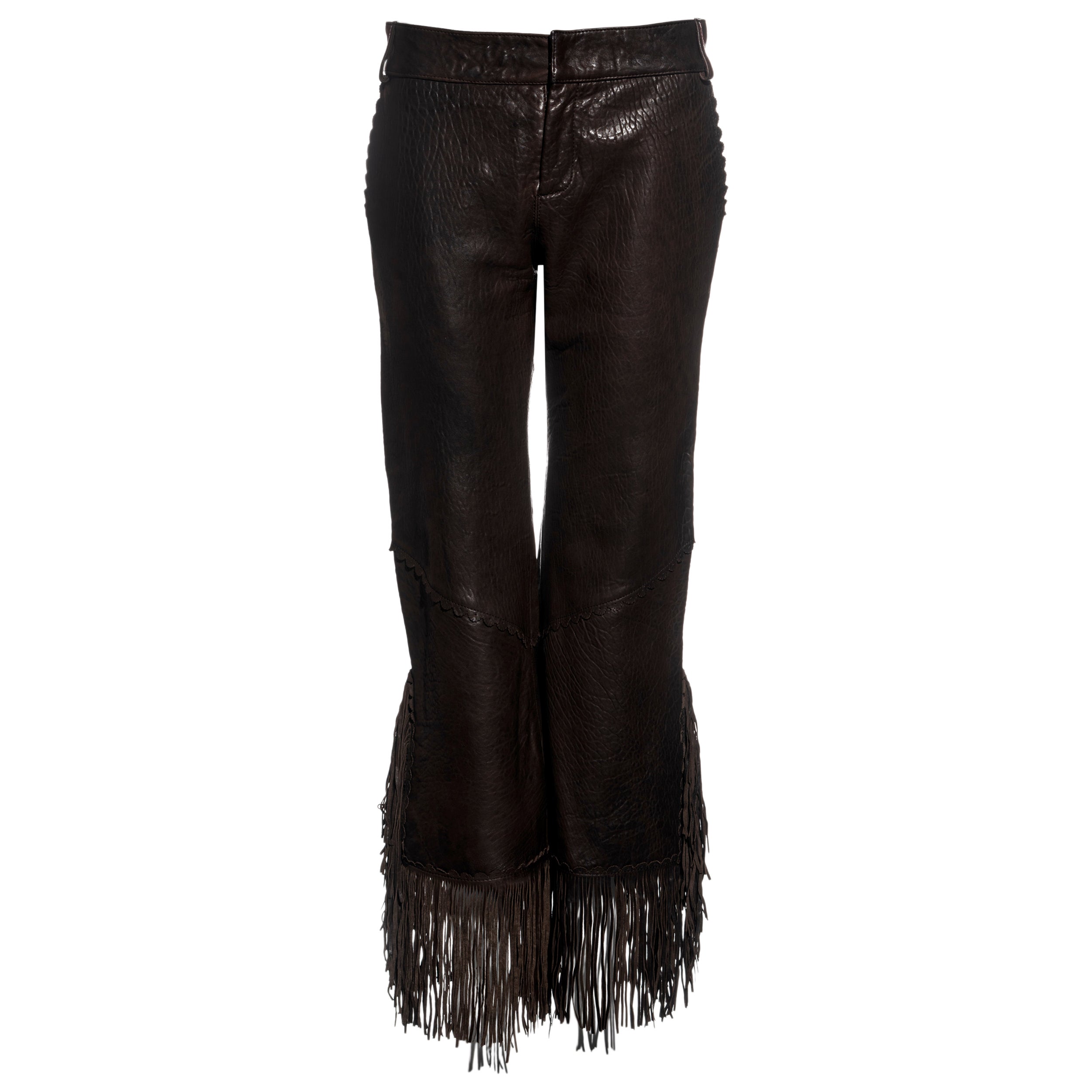 Jean Paul Gaultier brown leather pants with fringe pants, c. 2000 For Sale