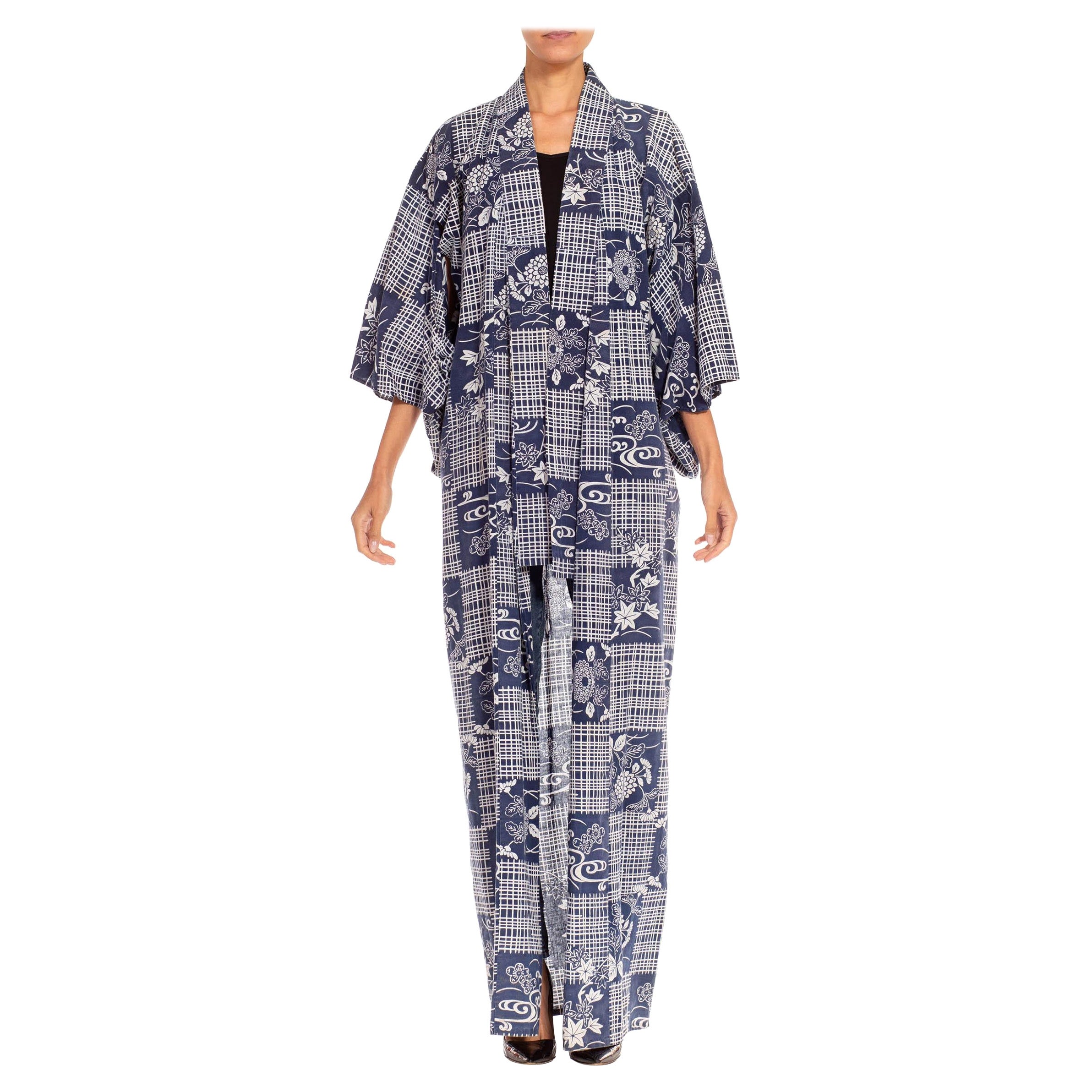 1970S Navy Blue & White Cotton Floral Striped Checkered Print Kaftan For Sale