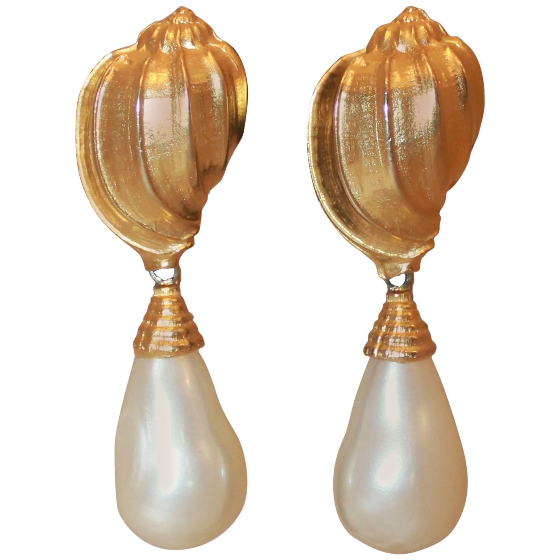 Ben Amun Gold Vintage Gold Seashell & Pearl Drop Earrings - circa 1980's