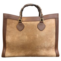 1990s GUCCI Brown Suede Leather Bamboo Tote Gucci Diana Tote (Large)