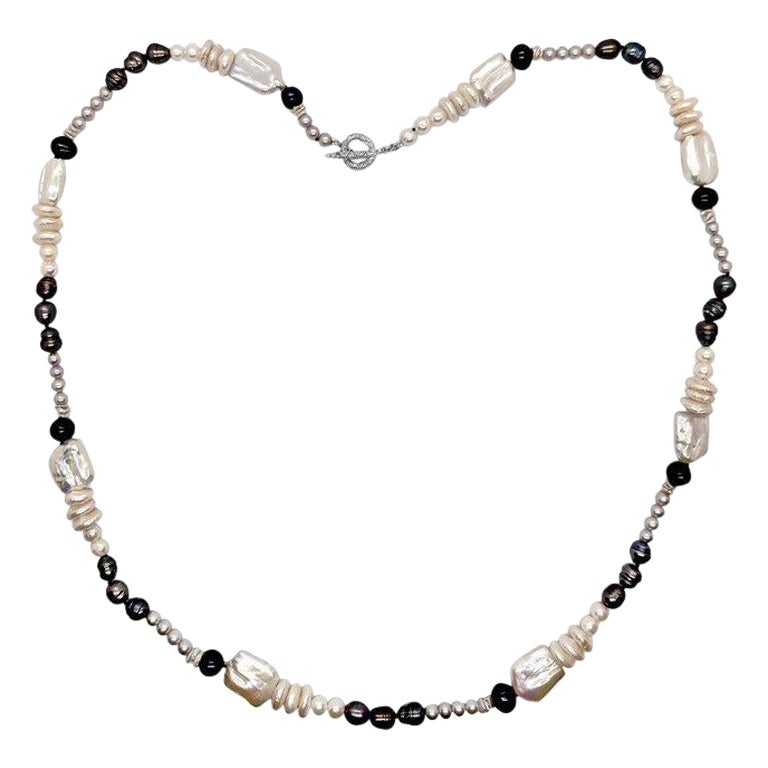Multi-Hued Pearl Necklace in Sterling Silver For Sale