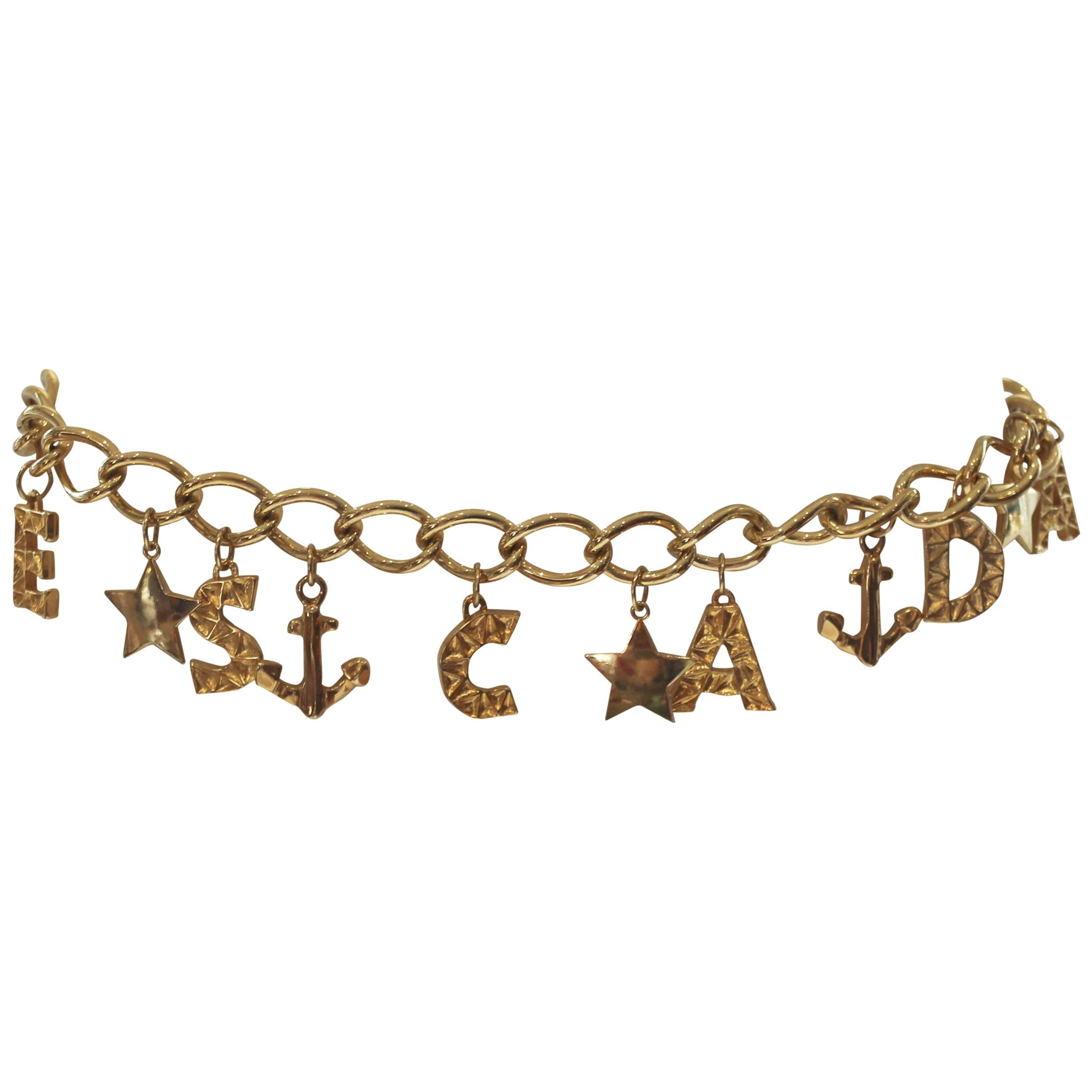 1980s Escada Nautical Logo Gold Chain Belt  For Sale