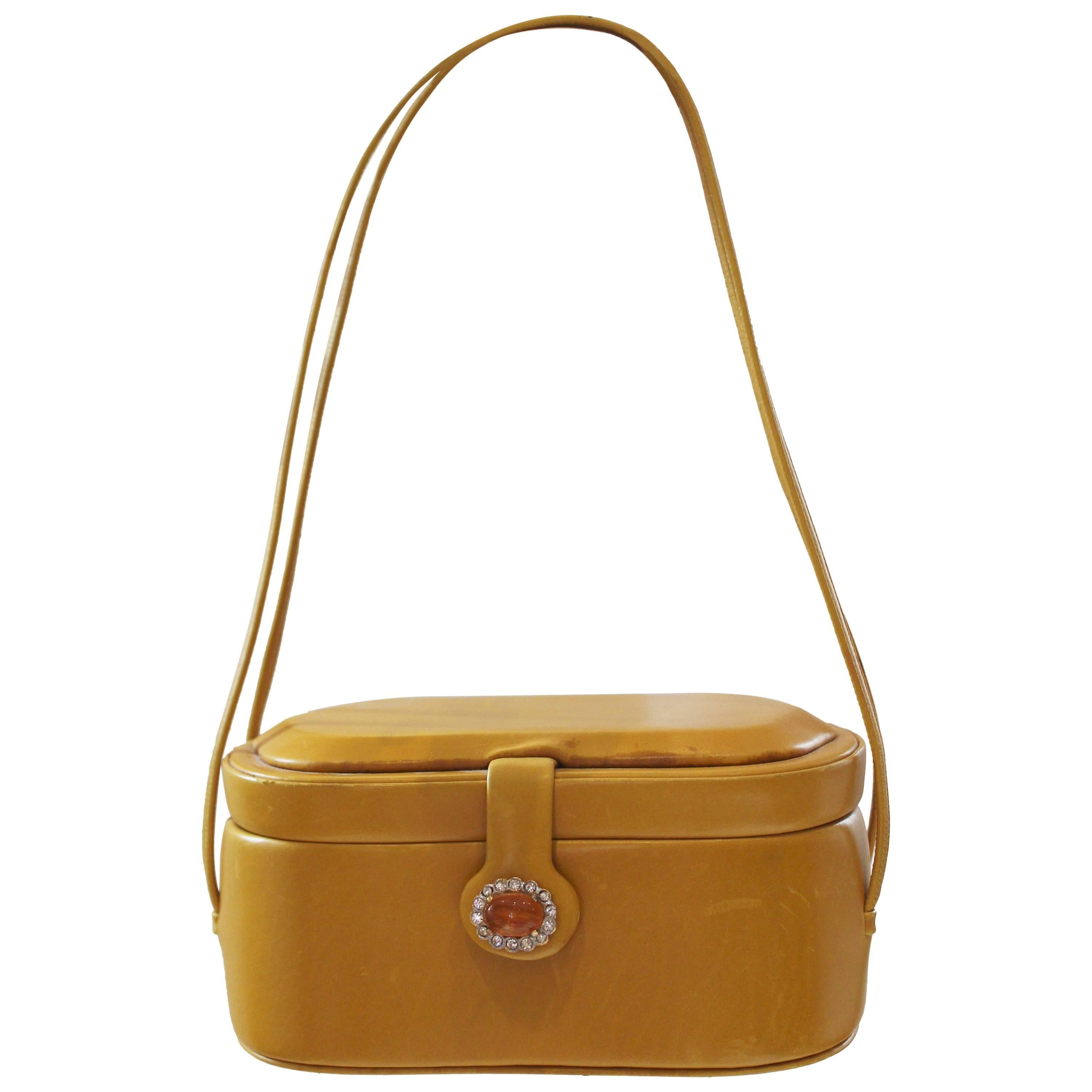 Rare 1960's Judith Leiber Mustard Leather Box Handbag  For Sale