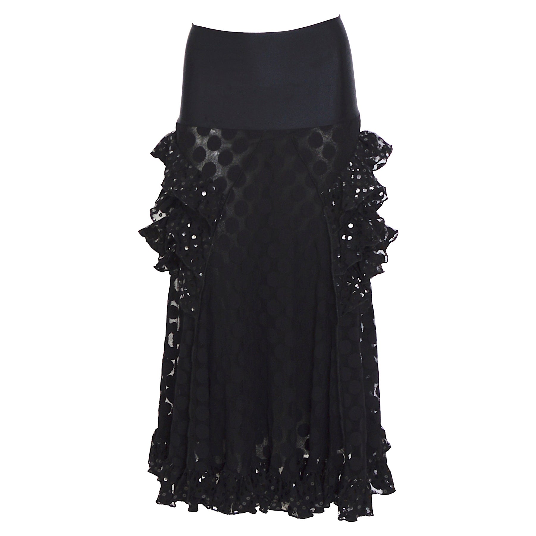 Jean Paul Gaultier soleil vintage SS 2005 black sequins & ruffles mesh skirt   For Sale